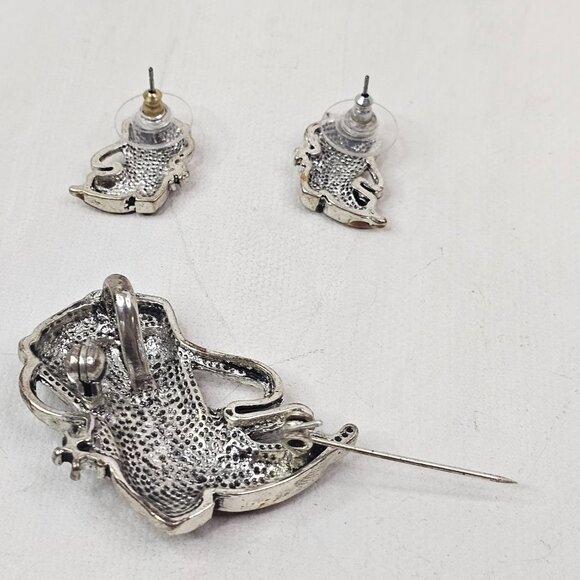 Silver Tone Western Cowgirl Cowboy Boot Brooch Earrings Set Spur Rope Boots Pin - Picture 3 of 9